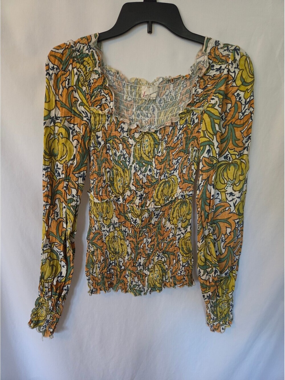 Anthropologie XS Smocked Floral Blouse Puff Sleeve Square Neck Boho Cottagecore